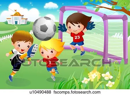 Colección de ilustraciones - tres, niños, jugar al fútbol ...