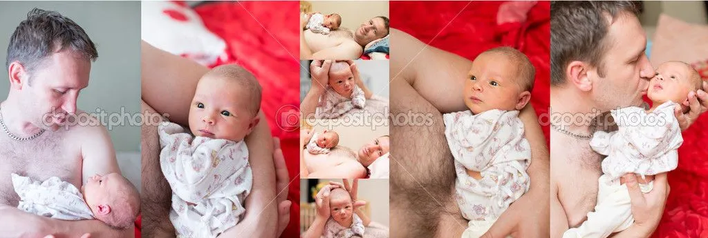 collage de feliz padre e hija recién nacido abrazados en casa ...