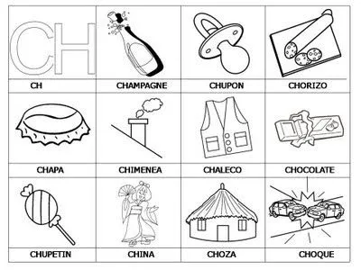  ... : Laminas con dibujos para aprender palabras y colorear con letra: CH