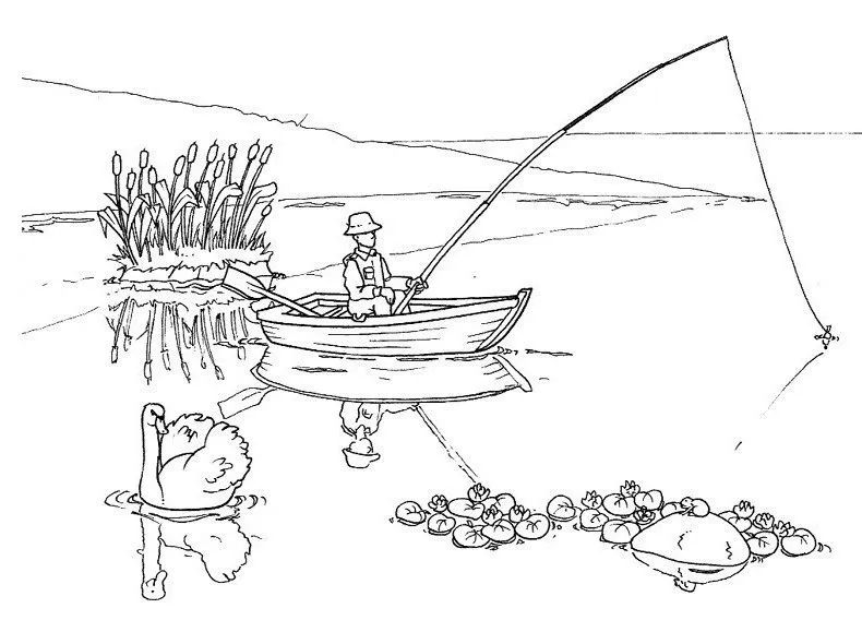 Colorea Tus Dibujos: Hombre pescando en lago par colorear y pintar