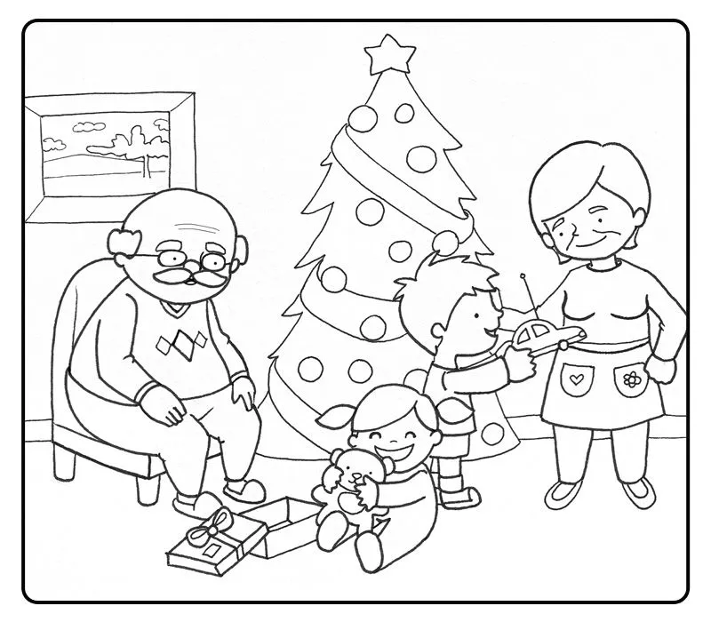 Colorear abuelos abriendo los regalos de Navidad con sus nietos ...