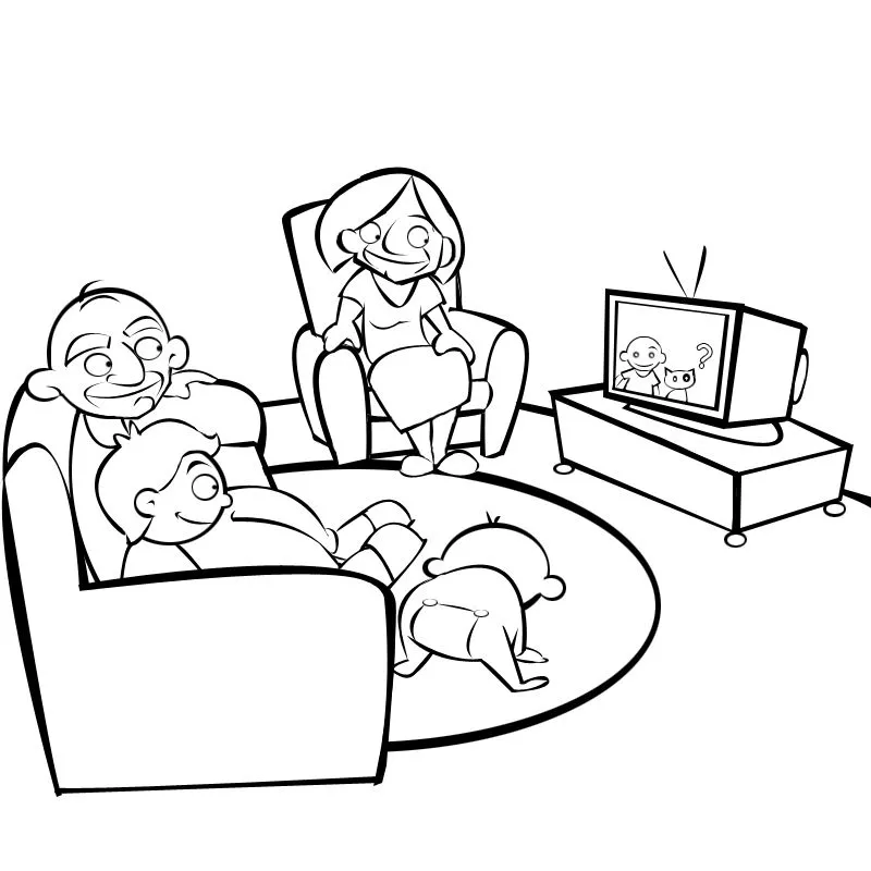 Colorear abuelos viendo la televisión con sus nietos. Colorear con ...