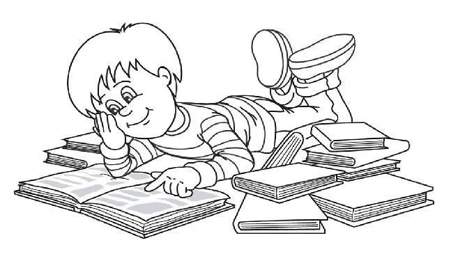 Colorear niño estudiando de muchos libros - Portal Escuela