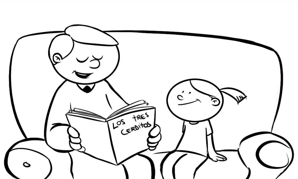 para colorear de un papá leyendo un cuento a una niña
