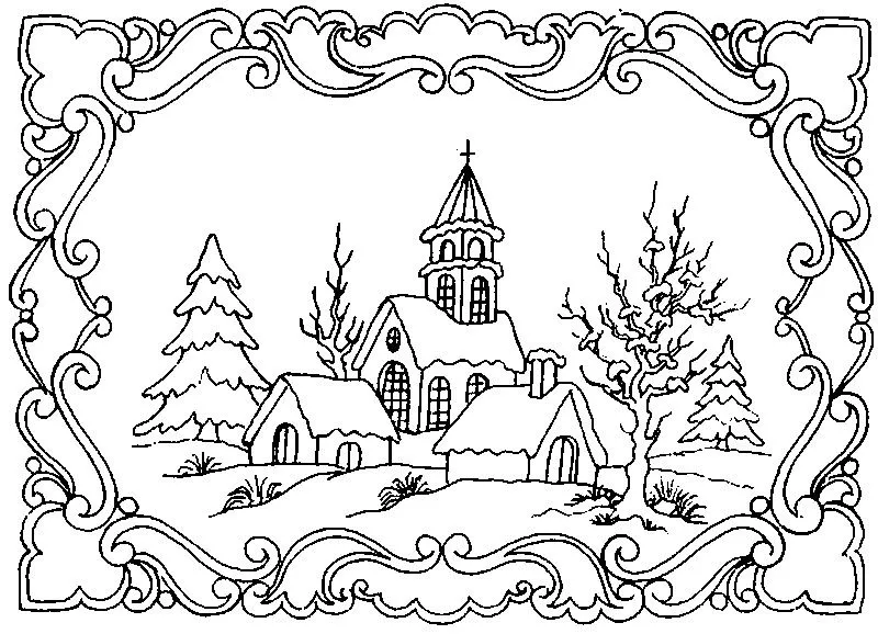 Dibujos para colorear para adultos Invierno : Paisaje de invierno 5