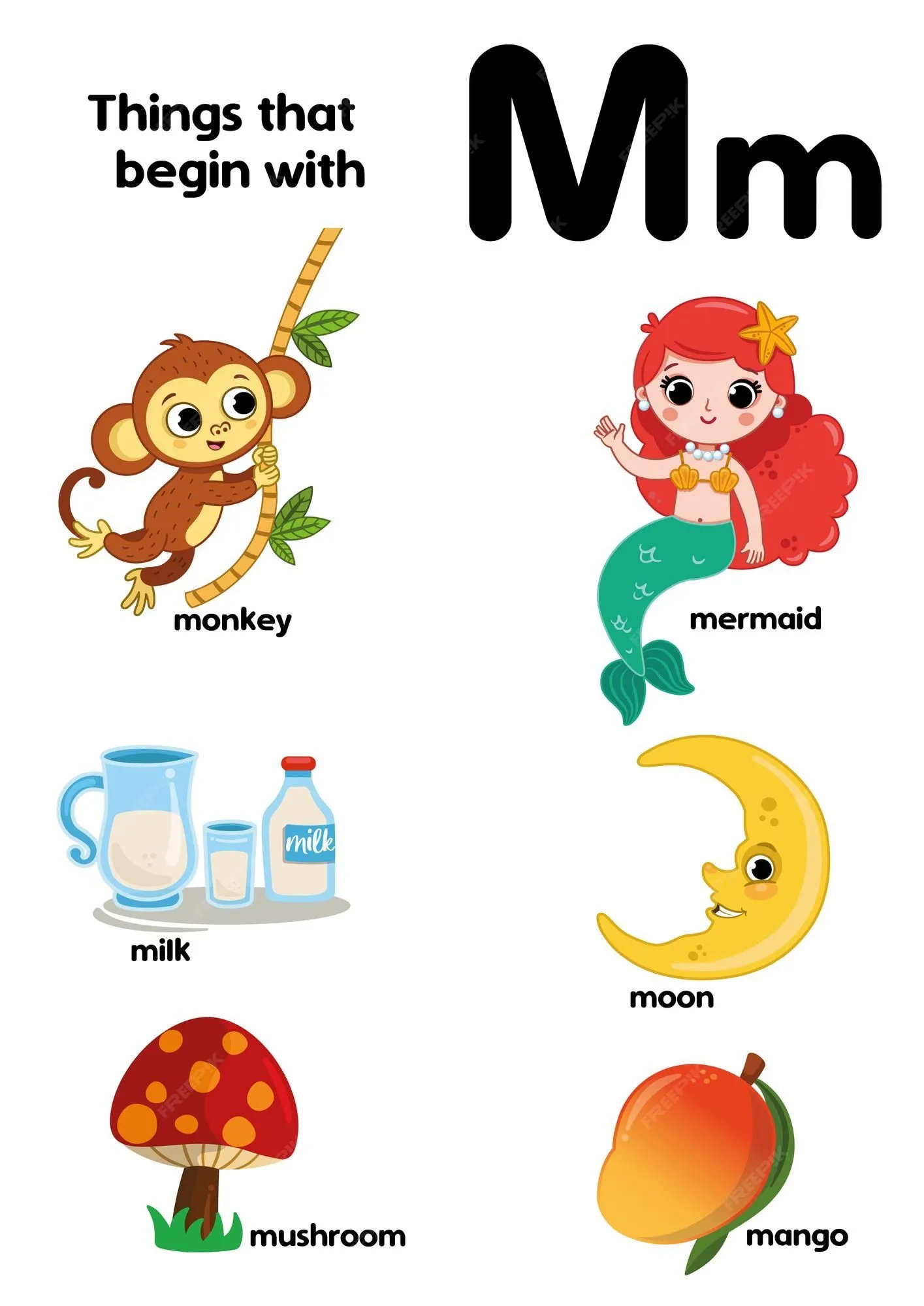 Cosas que comienzan con la letra m ilustración vectorial educativa para  niños | Vector Premium