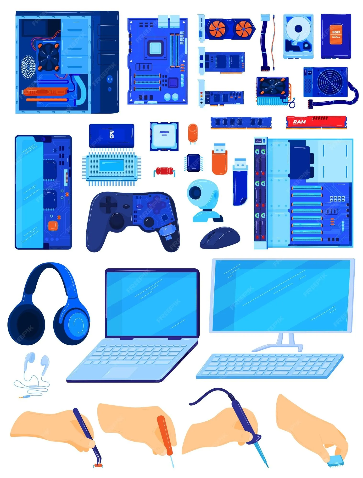Componentes de computadora, conjunto de ilustración de vector de hardware  de base de datos, parte de pc electrónica plana de dibujos animados |  Vector Premium