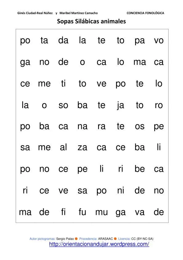 Conciencia fonológica; Sopas de letras silábicas animales y ...