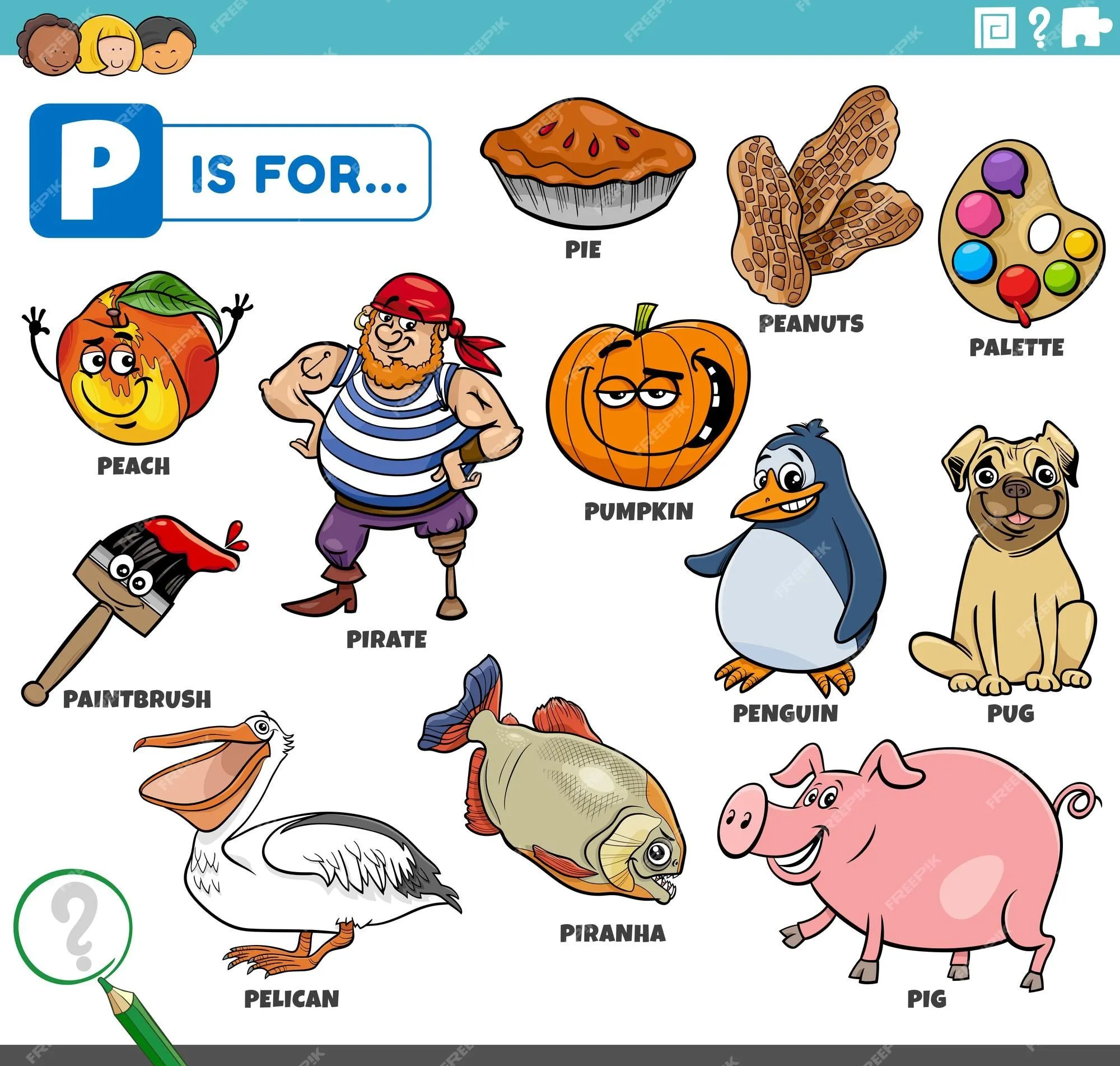 Conjunto educativo de palabras de letra p con personajes de dibujos  animados | Vector Premium
