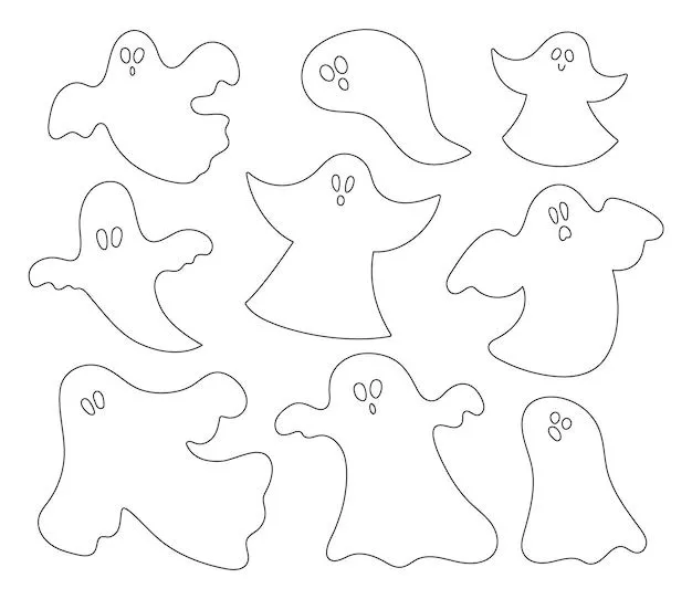 Conjunto de fantasmas en blanco y negro vectorial ilustración de la fiesta  de halloween o página para colorear con fantasmas divertidos diseño  aterrador para la fiesta de samhain de otoño colección de