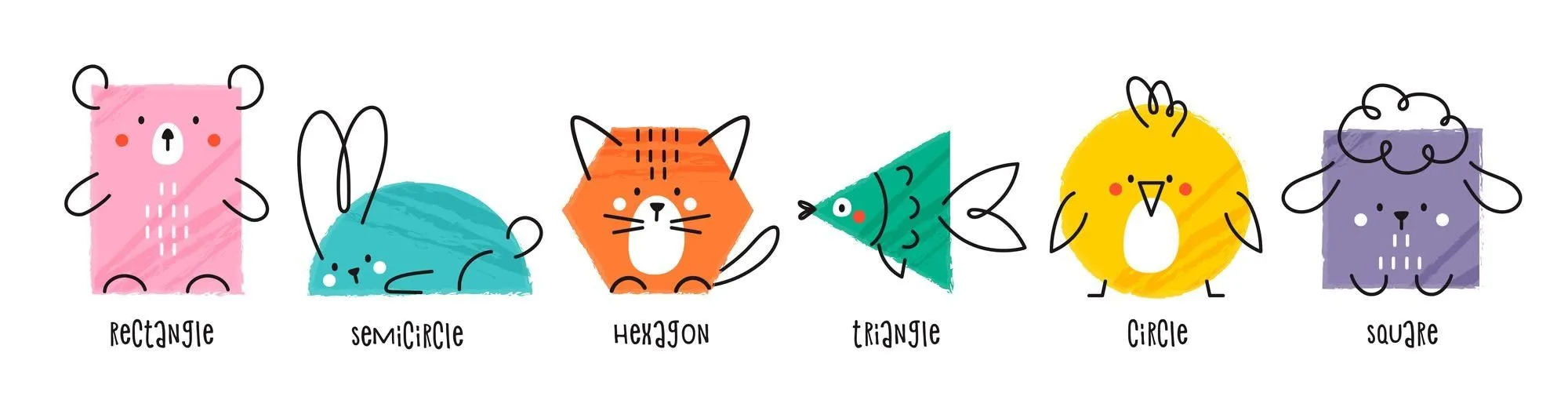 Conjunto de varias figuras geométricas brillantes en forma de animales lindos. diferentes formas geométricas. personajes divertidos dibujados a mano para niños. | Vector Premium Conjunto de varias figuras geométricas brillantes en forma de animales lindos. diferentes formas geométricas. personajes divertidos dibujados a mano para niños. | Vector Premium