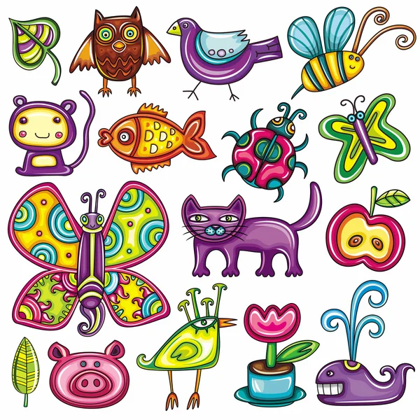 Conjunto de flora y fauna de dibujos animados — Vector stock ...