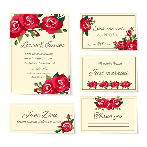 conjunto de tarjetas de invitación de boda con rosas — Vector ...