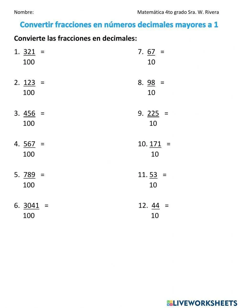 Convertir fracciones en números decimales mayores a 1 worksheet | Live  Worksheets