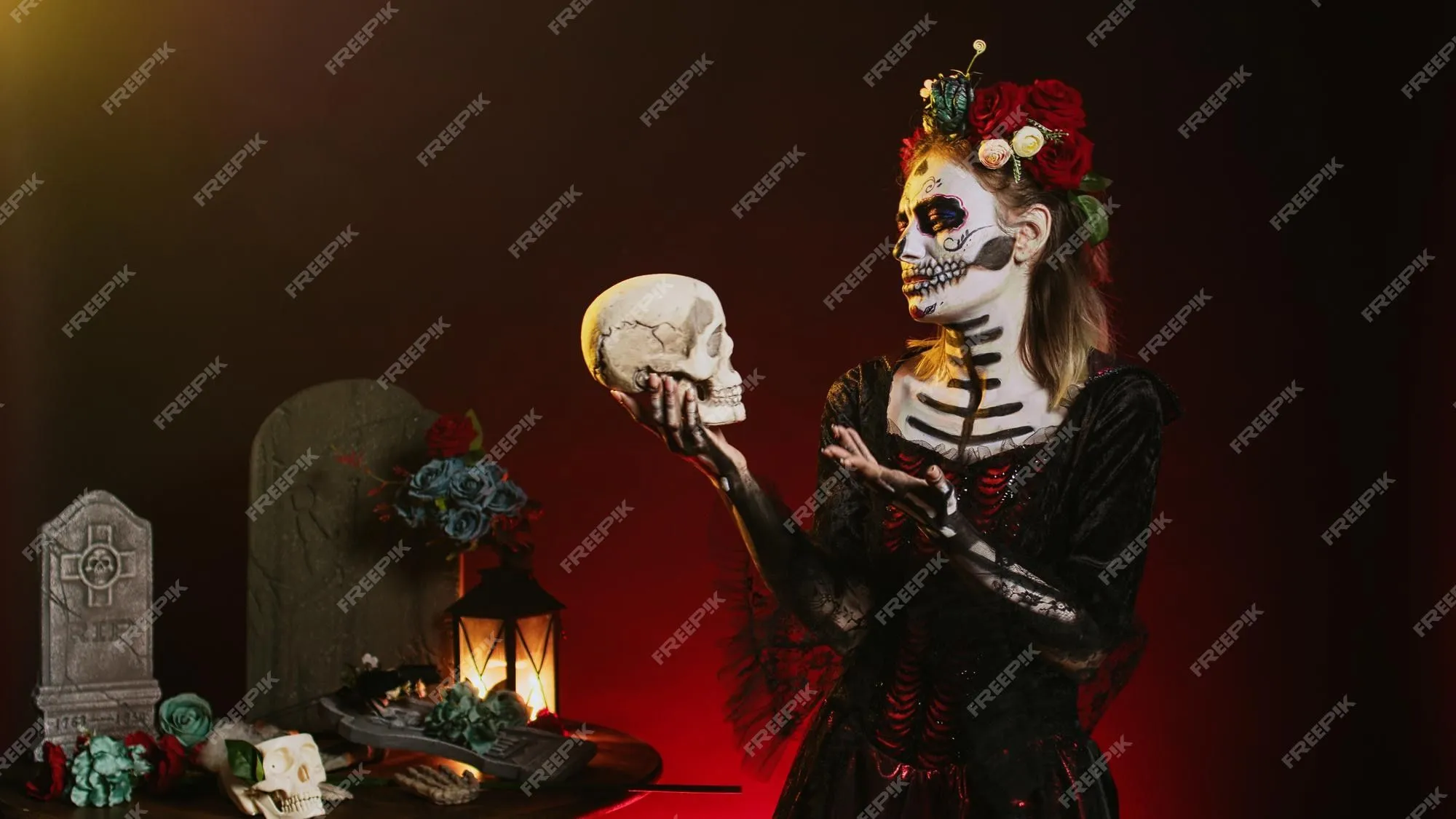 Coqueta diosa de la muerte mirando el cráneo y actuando espeluznante,  vestida con un disfraz de cavalera catrina con flores y maquillaje.  pareciendo santa santa muerte en el día de la tradición