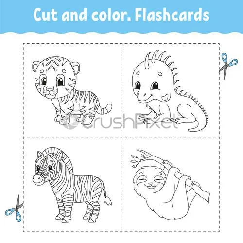 Corte y color flashcard set tigre, iguana, perezoso, cebra para - vector de  stock 1944827 | Crushpixel