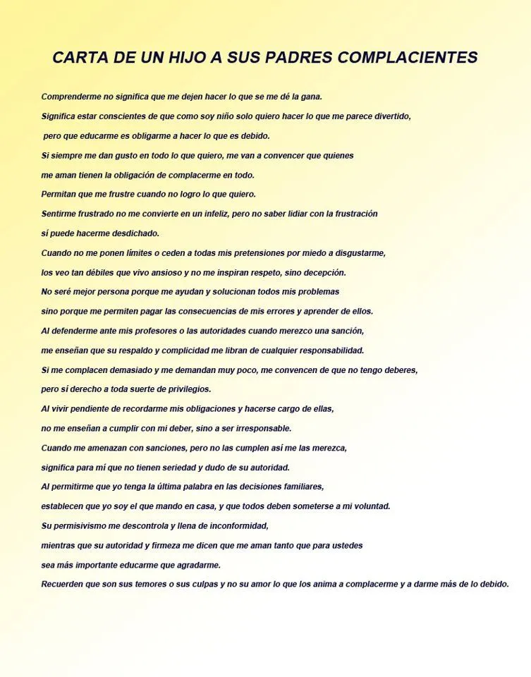 COSILLAS DE INFANTIL: Carta de un hijo a sus padres complacientes COSILLAS DE INFANTIL: Carta de un hijo a sus padres complacientes