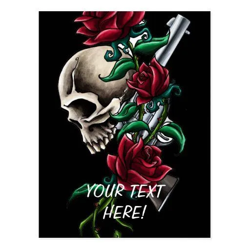 Cráneo occidental con los rosas rojos y la pistola tarjetas ...
