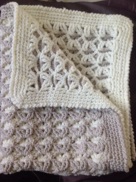 Cream and Beige Reversible Crocheted Baby / Pram Blanket