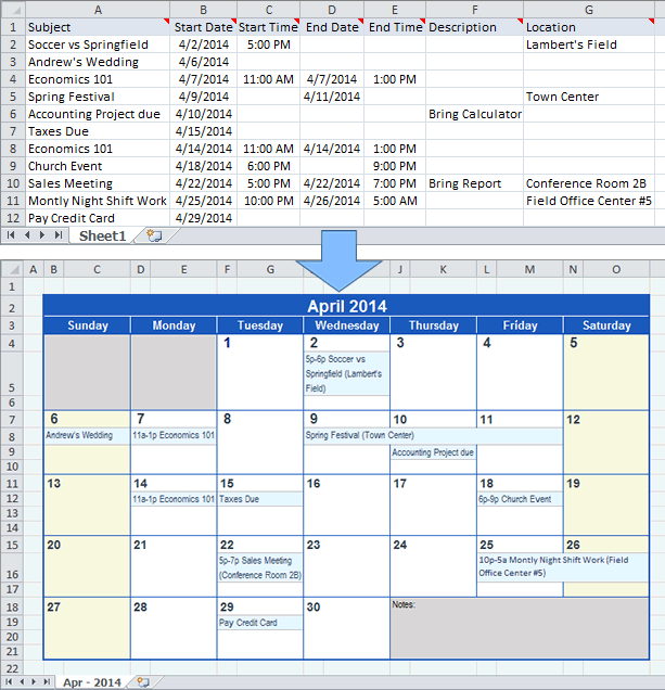 Create a Calendar from Excel data