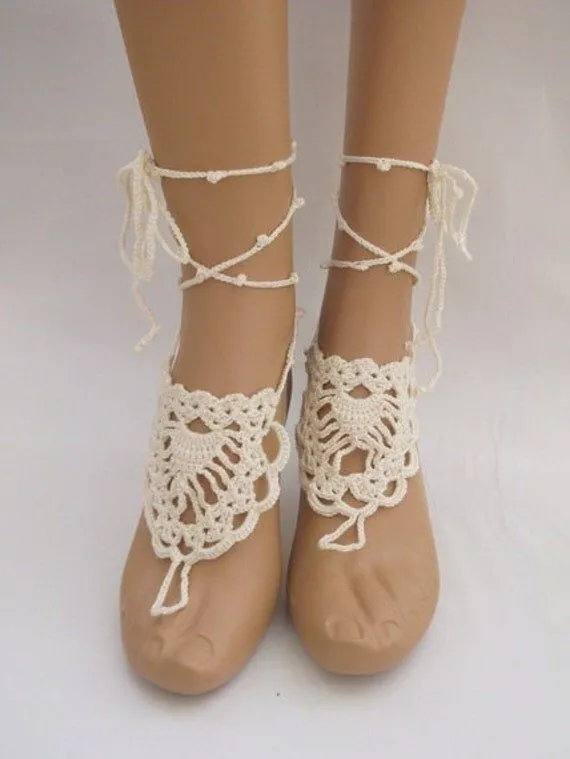Crema sin pies descalzos sandalias mano Crochet por modishknit