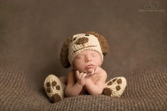 Crochet Newborn baby dog hat booties set crochet by Stephyscrochet