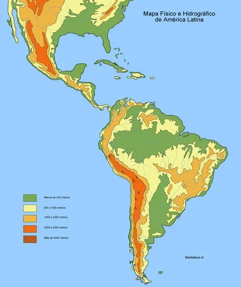 Mapa físico y hidrográfico de América Latina