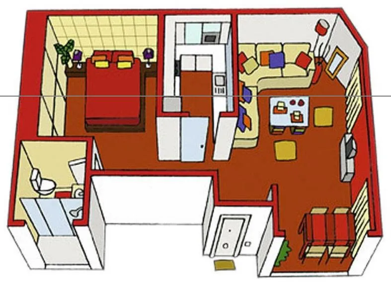 Colorido plano de casa de un solo dormitorio en perspectiva ...