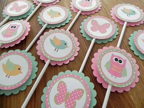 Cupcake Toppers: Rosa y verde bosque buhos de aves y por BabyBinkz
