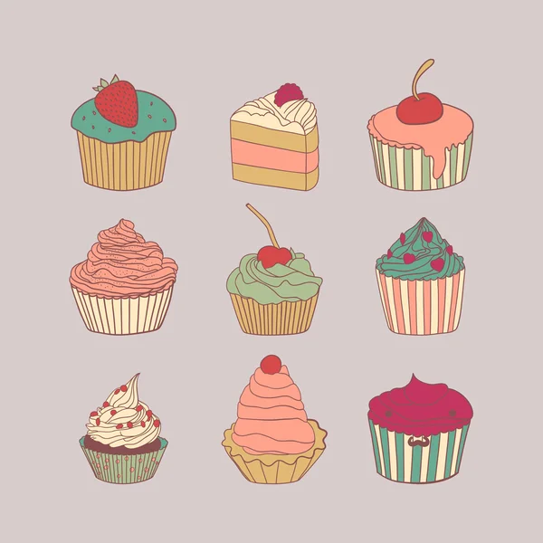 Cupcakes dulces vector conjunto. dibujos animados de deliciosos ...