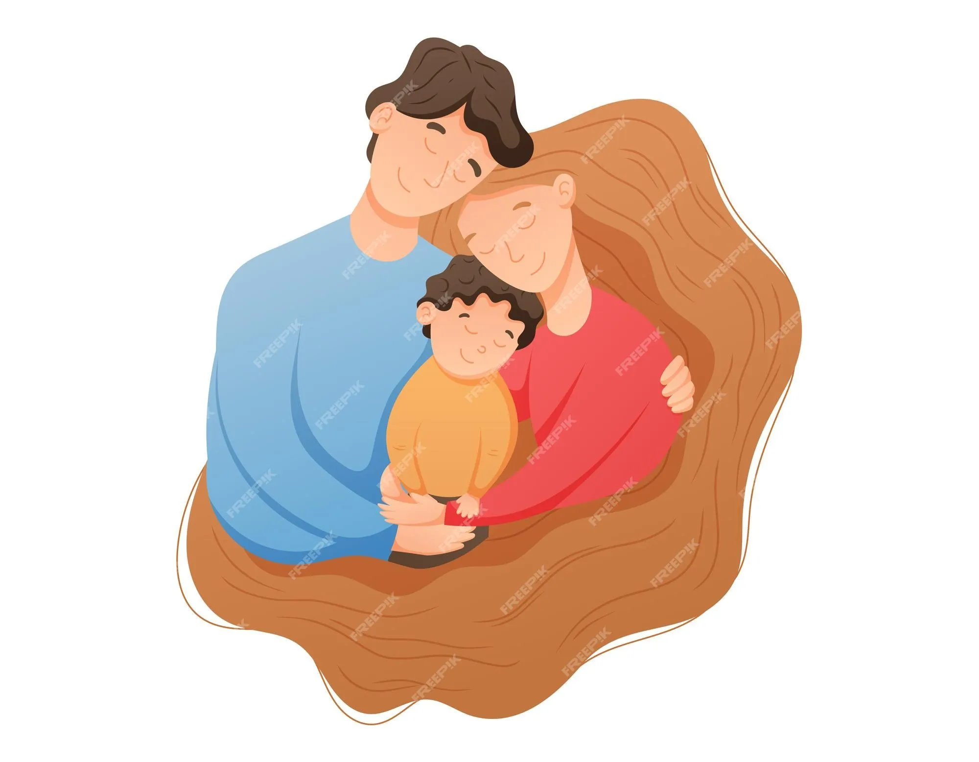 Cute dibujos animados abrazando a la familia mamá papá e hijo mujer  acogedora con un hombre de pelo largo y exuberante y un niño en una  ilustración vectorial del día mundial de