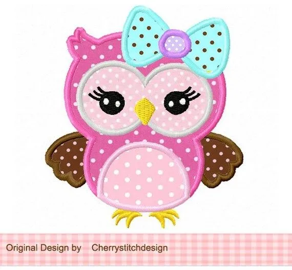 Cute girly owl with bow Applique 4x4 5x7 by CherryStitchDesign