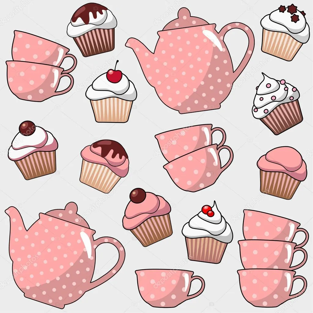 Cute seamless pattern with various cupcakes, muffins, tea, coffee ...