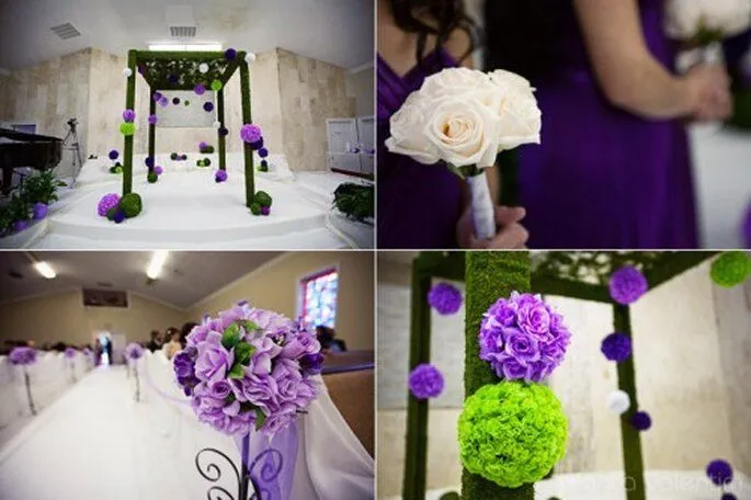 Decoración para boda en colores morado, lila y verde