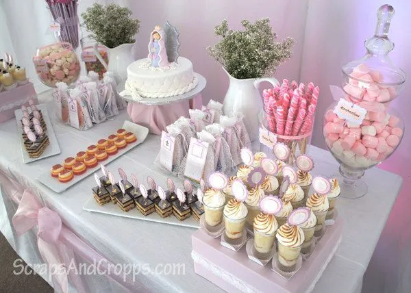 decoración, primera-comunión, rosado, niña, mesa dulces | primera ...