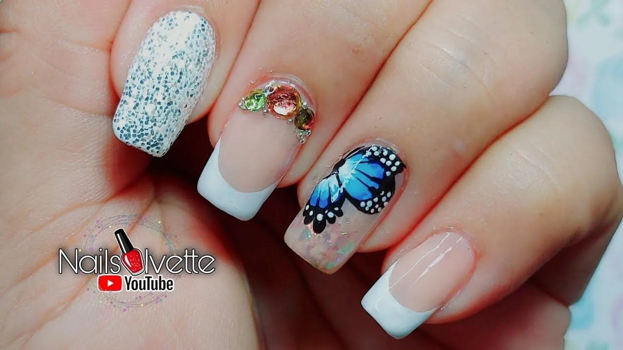 Cómo decorar las uñas con french, ala de angel, cristales y glitters / Uñas  con mariposa dibujada - YouTube