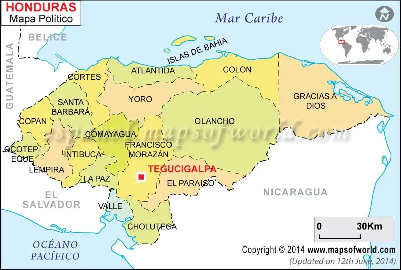Departamentos de Honduras, Mapa de Honduras con sus Departamentos