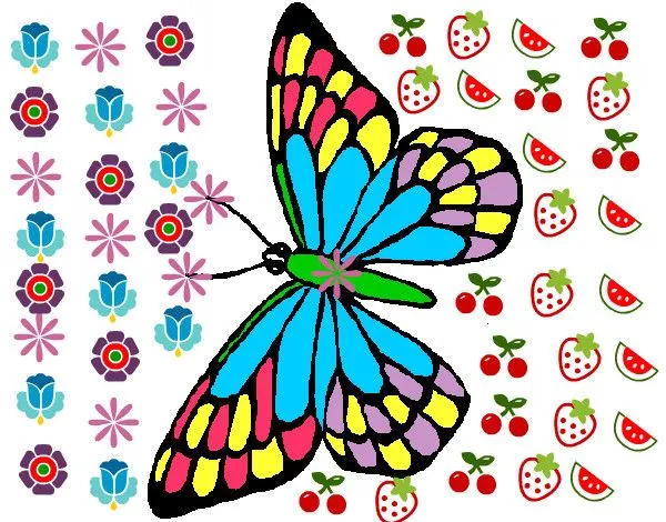 Desenho de borboleta voando entre furtas e flores pintado e ...