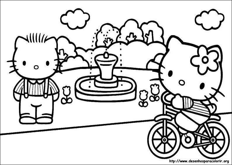 Desenho Hello Kitty rodando bicicleta para colorir