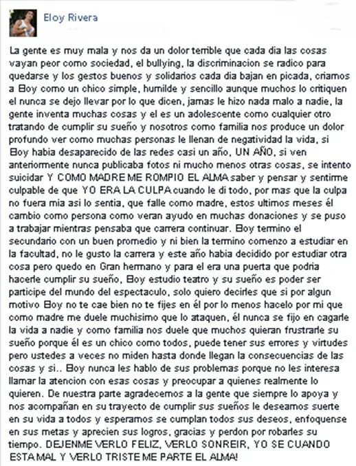 Desgarradora carta de la madre de Eloy Rivera: 'Dejenme ver feliz ...