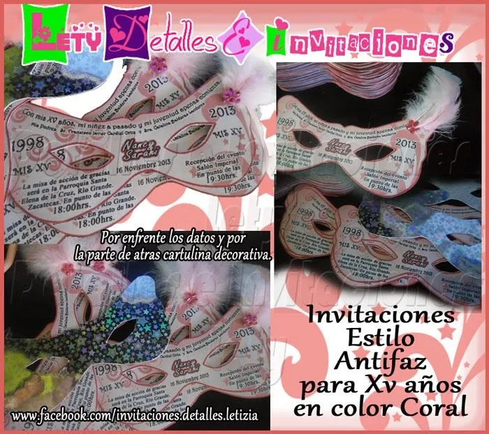 Detalles e invitaciones x Letici@ B.: Invitaciones Xv Años Antifaz