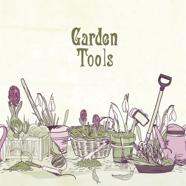 Dibujados a mano herramientas de jardinería marco — Vector stock ...