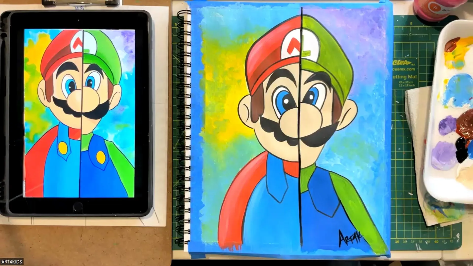 Como dibujar y pintar a Super Mario Bros y Luigi paso a paso – art4kids