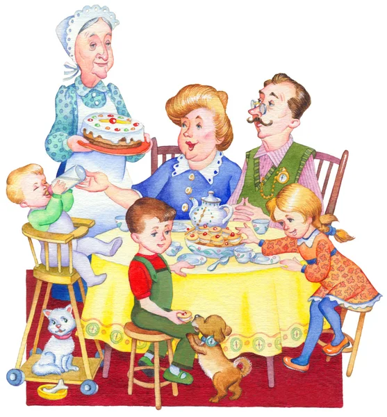 Dibujo Acuarela. familia feliz para una fiesta de té — Foto stock ...
