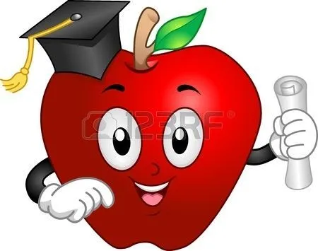 Dibujo animado: Manzana roja en la graduación, con el diploma en ...