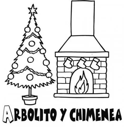 Imprimir dibujos para colorear : Árbol de Navidad y chimenea
