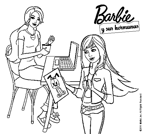 Dibujo de Barbie y su hermana merendando para Colorear - Dibujos.net
