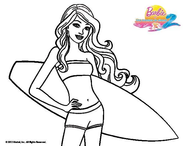 Dibujo de Barbie con tabla de surf para Colorear - Dibujos.net