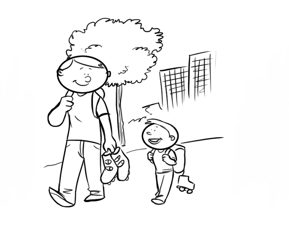 Imprimir dibujos para colorear : Niño y padre caminando con patines Imprimir dibujos para colorear : Niño y padre caminando con patines