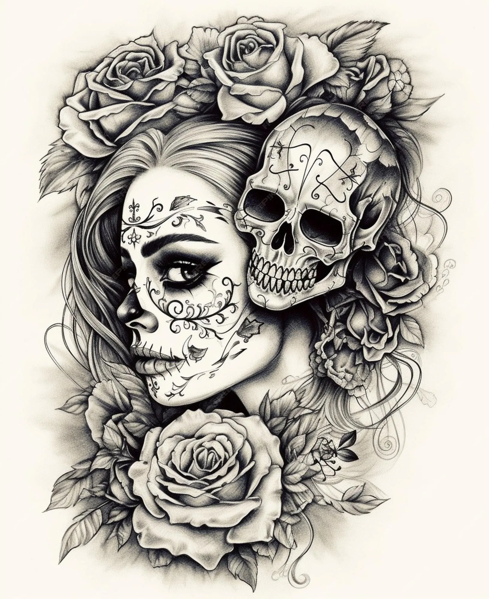 Un dibujo en blanco y negro de una mujer con una calavera en la cabeza y  rosas. | Foto Premium